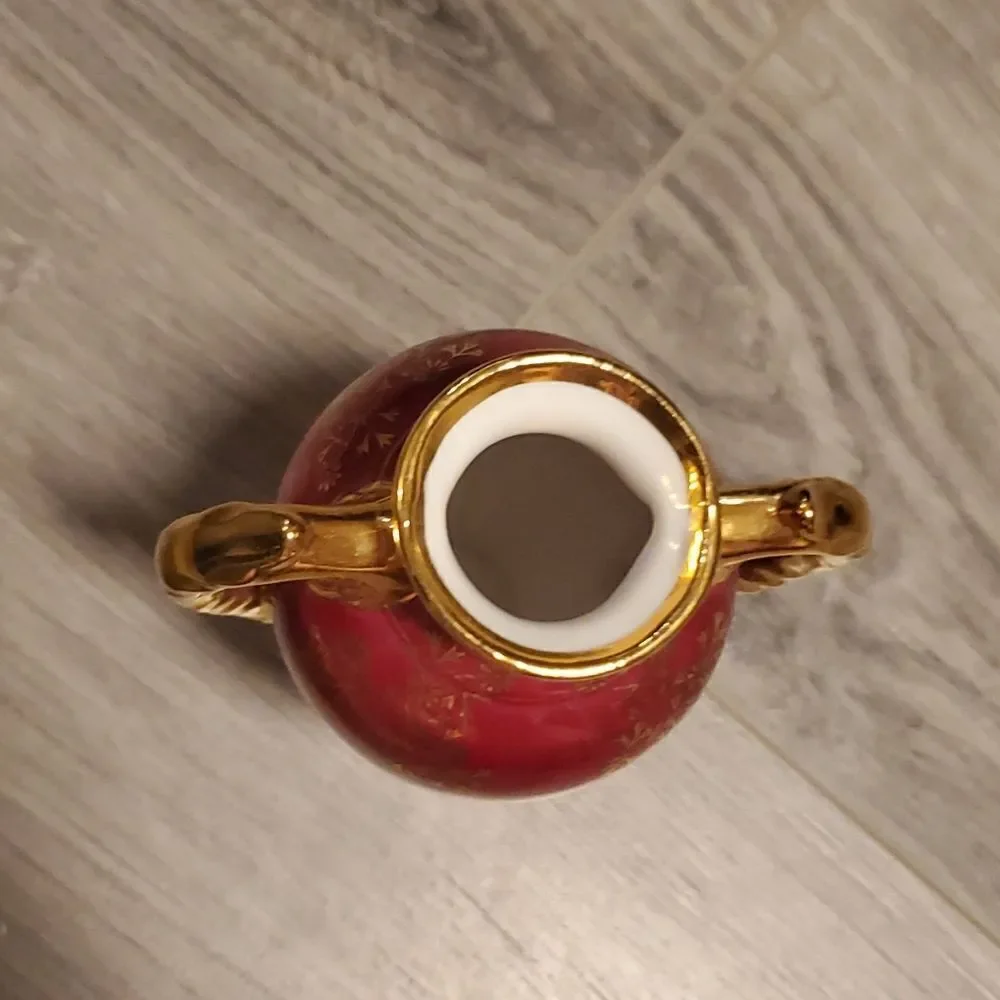EUC Vintage German KPM Porcelain Maroon Floral Gold Rimmed Vase